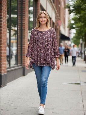 Jane and Delancey Purple Floral Ruffled Peplum Tunic